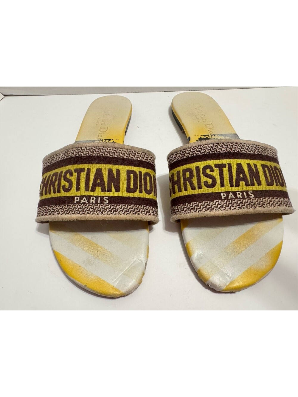 Christian Dior Dway Jungle Embroidered Slide Sandals Yellow Brown Size 39/US 9
